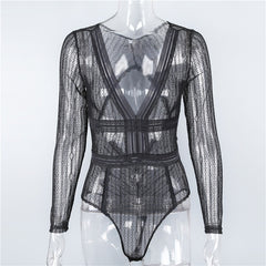 Aproms Deep V neck Lace Mesh Crochet Bodysuit Women Slim Fit Romper Jumpsuit Sexy High Street Bodysuits Tops for Women Clothing