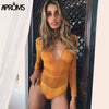 Image of Aproms Deep V neck Lace Mesh Crochet Bodysuit Women Slim Fit Romper Jumpsuit Sexy High Street Bodysuits Tops for Women Clothing
