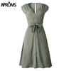 Image of Aproms Vintage Stripe Print Midi Dress Women Elegant Deep V Sash Tie Up Bodycon Dresses Female Summer Streetwear Sundresses 2019