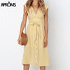 Image of Aproms Vintage Stripe Print Midi Dress Women Elegant Deep V Sash Tie Up Bodycon Dresses Female Summer Streetwear Sundresses 2019