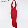 Image of Articat Halter Backless Sexy Knitted Pencil Dress Women White Off Shoulder Long Bodycon Party Dress Elegant Summer Dress 2019