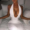 Image of Articat Halter Backless Sexy Knitted Pencil Dress Women White Off Shoulder Long Bodycon Party Dress Elegant Summer Dress 2019