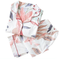 Autumn New Ladies Pajamas Set Floral Printed Full Cotton Fresh Style Sleepwear Set Women Turn-down Collar Female Casual Homewear