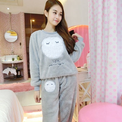 Autumn Winter Warm Flannel Women Pyjamas Sets Thick Coral Velvet Long Sleeve Cartoon Sleepwear Thin Flannel Pajamas Set for Girl