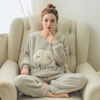 Autumn Winter Warm Flannel Women Pyjamas Sets Thick Coral Velvet Long Sleeve Cartoon Sleepwear Thin Flannel Pajamas Set for Girl