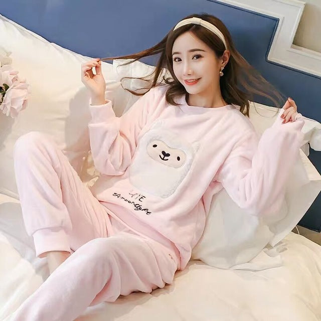 Autumn Winter Warm Flannel Women Pyjamas Sets Thick Coral Velvet Long Sleeve Cartoon Sleepwear Thin Flannel Pajamas Set for Girl