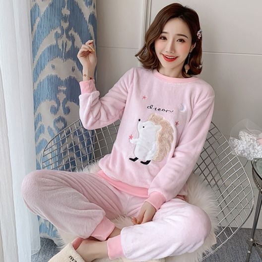 Autumn Winter Warm Flannel Women Pyjamas Sets Thick Coral Velvet Long Sleeve Cartoon Sleepwear Thin Flannel Pajamas Set for Girl