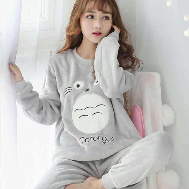 Autumn Winter Warm Flannel Women Pyjamas Sets Thick Coral Velvet Long Sleeve Cartoon Sleepwear Thin Flannel Pajamas Set for Girl