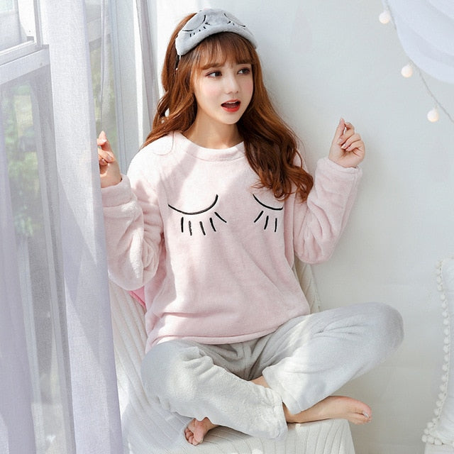Autumn Winter Warm Flannel Women Pyjamas Sets Thick Coral Velvet Long Sleeve Cartoon Sleepwear Thin Flannel Pajamas Set for Girl