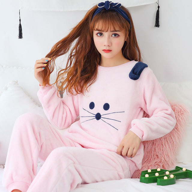 Autumn Winter Women Pyjamas Sets pajamas Sleepwear Suit Thick Warm Coral Flannel nightgown Female Cartoon Animal Pijama Mujer