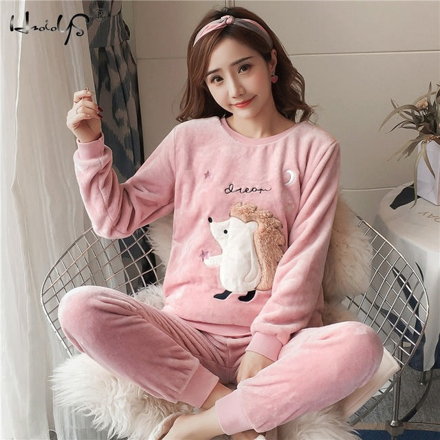 Autumn Winter Women Pyjamas Sets pajamas Sleepwear Suit Thick Warm Coral Flannel nightgown Female Cartoon Animal Pijama Mujer