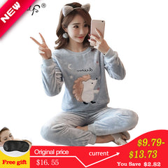 Autumn Winter Women Pyjamas Sets pajamas Sleepwear Suit Thick Warm Coral Flannel nightgown Female Cartoon Animal Pijama Mujer