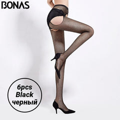 BONAS 6pcs Women Open Crotch Fishnet Tights Sexy Hot Diamond Mesh Nylon Pantyhose Stockings Female Lady Thin HollowCollant Femme