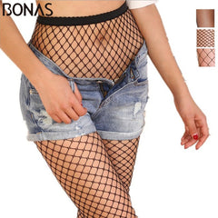 BONAS Women 20D Fishnet Tights Small Middle Big Mesh Fishnet Sexy Pantyhose Lady Black Nylon Breathable Stockings Hollow Female