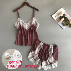 BZEL New Pajamas Sets Sexy Lace Pyjamas For Women V-neck Pijama Femme Summer Sleepwear Satin Nightwear Lingerie Female Underwear