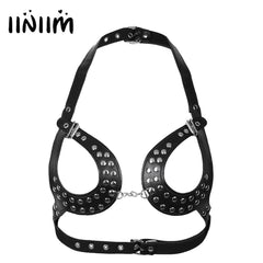 Black Women PU Leather Classic Black Open Cup Adjustable Wetlook Sexy Body Chain Harness Bra Belt with Buckles and Rivets