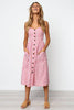 Image of Button Striped Print Cotton Linen Casual Summer Dress 2019 Sexy Spaghetti Strap V-neck Off Shoulder Women Midi Dress Vestidos