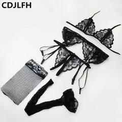 CDJLFH 4pc set Women Intimate Sleepwear Robe Sexy Lingerie Costume Night Gown Erotic Underwear
