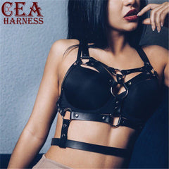 CEA.HARNESS Fashion Punk Cupless Bra Top Leather Harness Belt Body Bondage Chest Straps Black Studded Rivet Cropped Top