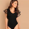 Image of COLROVIE Black Solid V-Neck Dot Mesh Flutter Sleeve Sexy Korean Skinny Shirt Bodysuit Women Clothes Office Ladies Bodysuits