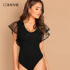 Image of COLROVIE Black Solid V-Neck Dot Mesh Flutter Sleeve Sexy Korean Skinny Shirt Bodysuit Women Clothes Office Ladies Bodysuits