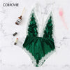 Image of COLROVIE Green Scallop Lace Backless Criss Cross Satin Romper Lingerie Teddy Bodysuit Women 2019 Navy Onesies Pajama Sleepwear