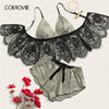 Image of COLROVIE Grey Eyelash Floral Lace Satin Lingerie Set Women Longline Triangle Intimates 2019 Bra And Shortie Ladies Sexy Sets