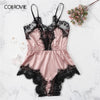 Image of COLROVIE Lace Trim Romper Teddy Bodysuit Women 2019 Summer Satin Sexy Lingerie Cami Nightwear Ladies Sleepwear