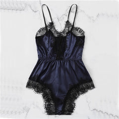 COLROVIE Navy Solid Lace Trim Satin Romper Lingerie Teddy Bodysuit Women Pink Pajama Lounge Onesie Sexy Sleepwear One Piece