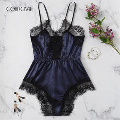 COLROVIE Navy Solid Lace Trim Satin Romper Lingerie Teddy Bodysuit Women Pink Pajama Lounge Onesie Sexy Sleepwear One Piece