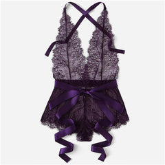 COLROVIE Purple Solid Eyelash Lace Criss Cross Romper Teddy Bodysuit Lingerie Women 2019 Sexy Nightwear Pajama Set Sleepwear