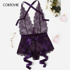 COLROVIE Purple Solid Eyelash Lace Criss Cross Romper Teddy Bodysuit Lingerie Women 2019 Sexy Nightwear Pajama Set Sleepwear