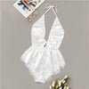 Image of COLROVIE White Lace Trim Satin Romper Lingerie Teddy Bodysuit Women 2019 Sexy Nightwear Pajama Set Backless Ladies Sleepwear