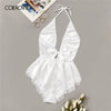 Image of COLROVIE White Lace Trim Satin Romper Lingerie Teddy Bodysuit Women 2019 Sexy Nightwear Pajama Set Backless Ladies Sleepwear