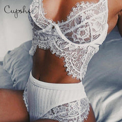 CUPSHE Women Pure White Mesh Lace High Waist Lingerie Set 3/4 Cup Sexy Brassiere Wireless Bralette Underwear