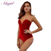 Image of Casual Woman Sleeveless Strapless Velvet Bodysuit Sesy Backless V Neck Bodycon Jumpsuit Fashion Body Tops Clothes Women Suit