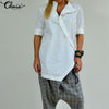 Image of Celmia Women Long Shirts 2019 Autumn Spring Asymmetric Linen Blouse Casual Loose Tunic Tops Buttons Blusas Chemise Femininas 5XL