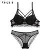 Image of Classic Bandage Black Bra Set Push Up Brassiere Thick Cotton Underwear Set Sexy Bras Lace Embroidery Gather Women Lingerie Sets