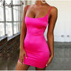 Image of Colysmo Stretch Mini Satin Dress Women Sexy Straps Slim Fit Bodycon Party Dress Neon Green Pink Dress Summer Dreses Dual-layered