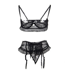Comeonlover Lenceria Erotica Jartiyer Sexy Set Exotic Nightwear Black Lace 3 Piece Open Crotch Plus Sexy Bra Open Cup RI80512