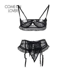 Comeonlover Lenceria Erotica Jartiyer Sexy Set Exotic Nightwear Black Lace 3 Piece Open Crotch Plus Sexy Bra Open Cup RI80512