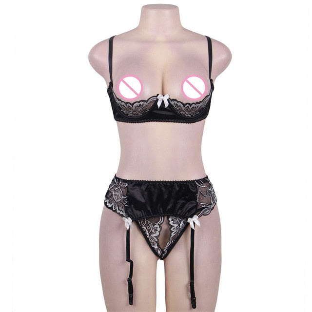 Comeonlover Open bust sexy lingerie bra set adjustable black plus size underwear sets with belt half cup garter bra set RL80319