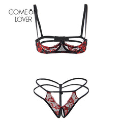 Comeonlover Sexy Lingerie Set Flower Embroidery Open Bra Cup Hollow Out Micro Erotic Sex Shop Open Crotch G string Set LI8435