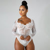 Image of Cryptographic Sexy Lace Transparent Embroidery Female Bodysuit Fashion Patchwork Mesh Long Sleeve Teddy 2019 New Women's Clothes