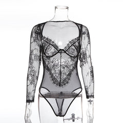 Cryptographic Sexy Transparent Hollow Out Lace Female Jumpsuits Fashion Floral V-Neck Women Bodysuits New 2019 Female Clothes