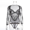 Image of Cryptographic Sexy Transparent Hollow Out Lace Female Jumpsuits Fashion Floral V-Neck Women Bodysuits New 2019 Female Clothes
