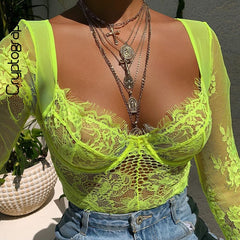 Cryptographic Sexy Transparent Hollow Out Lace Female Jumpsuits Fashion Floral V-Neck Women Bodysuits New 2019 Female Clothes