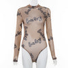 Image of Cryptographic Transparent Mesh Bodysuit Bodycon Sexy Jumpsuits Slim Long Sleeve Women Tops Letter Print Fashion Body Clothes