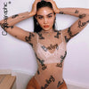 Image of Cryptographic Transparent Mesh Bodysuit Bodycon Sexy Jumpsuits Slim Long Sleeve Women Tops Letter Print Fashion Body Clothes