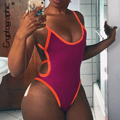 Cryptographic Women's jumpsuits 2019 Sexy Strap Backless Hollow Out Women Bodysuits Fashion Color Blocking Slim Female Clothes